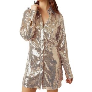 Free People Gold Sequin Mini Dress Shirt Dress M‎ Long Sleeve New Without Tags